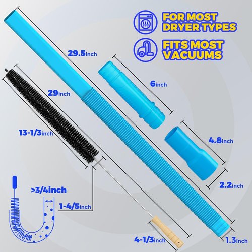 Holikme Dryer Vent Cleaner Kit - 2-Piece Lint Vacuum Attachment & Flexible Brush | Blue