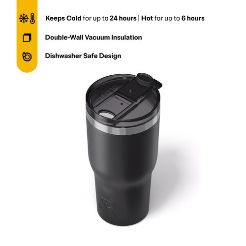 RTIC 30oz Essential Tumbler with Lid, Ceramic Lined, Insulated, Stainless Steel, Metal, Double Wall Vacuum-Insulation, Travel Cup for Iced Coffee, Tea, Hot and Cold Drink, Black