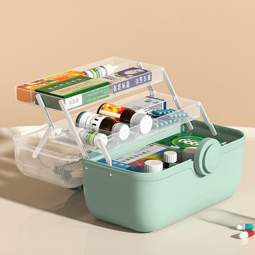 Family First Medicine Storage Container - 3-Tier Foldable Organizer with Removable Pill Case | Green