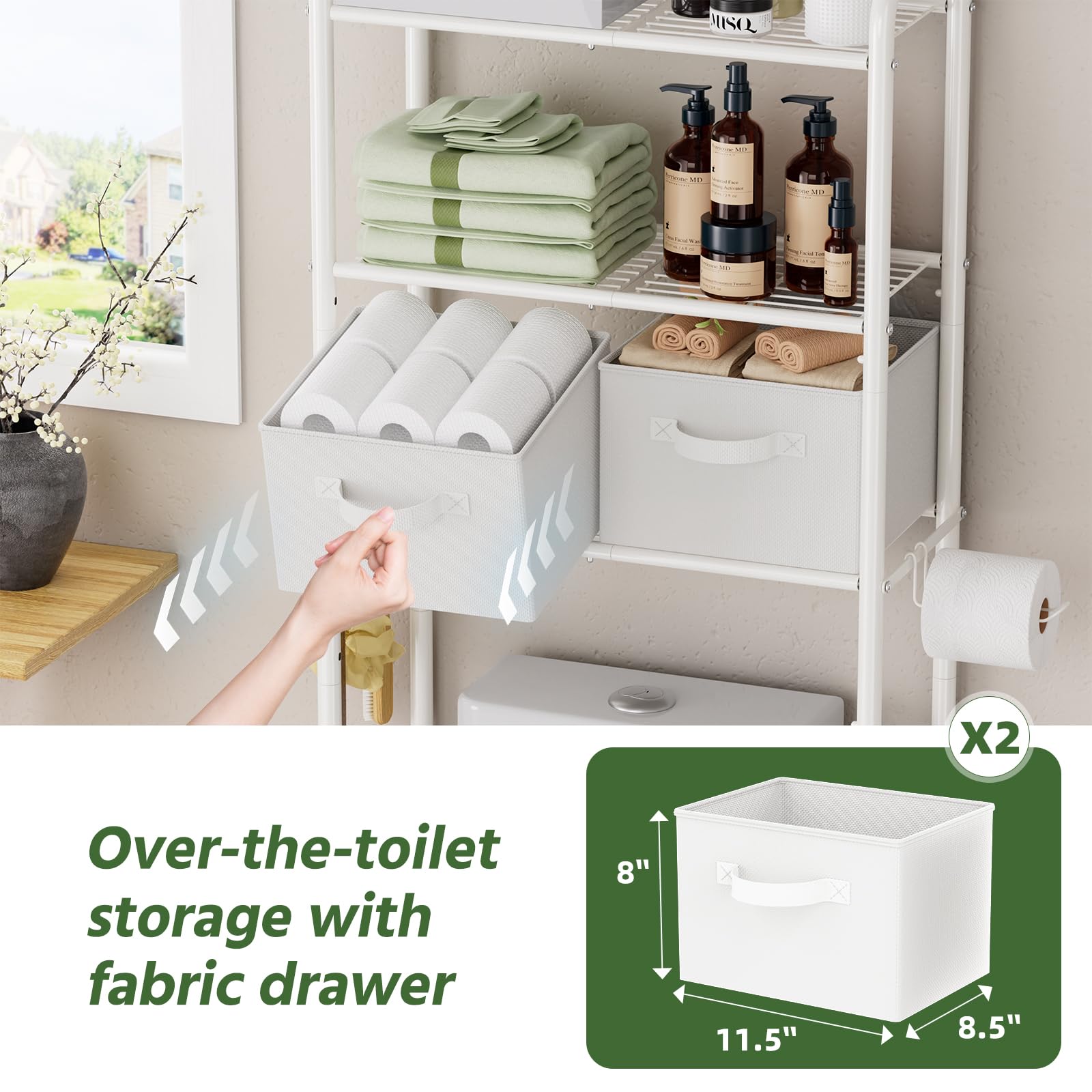 Simple Trending Over The Toilet Storage Rack with Drawers, Metal 3 Tier Bathroom Organizer Shelf with Paper Holder and 3 Hooks, White
