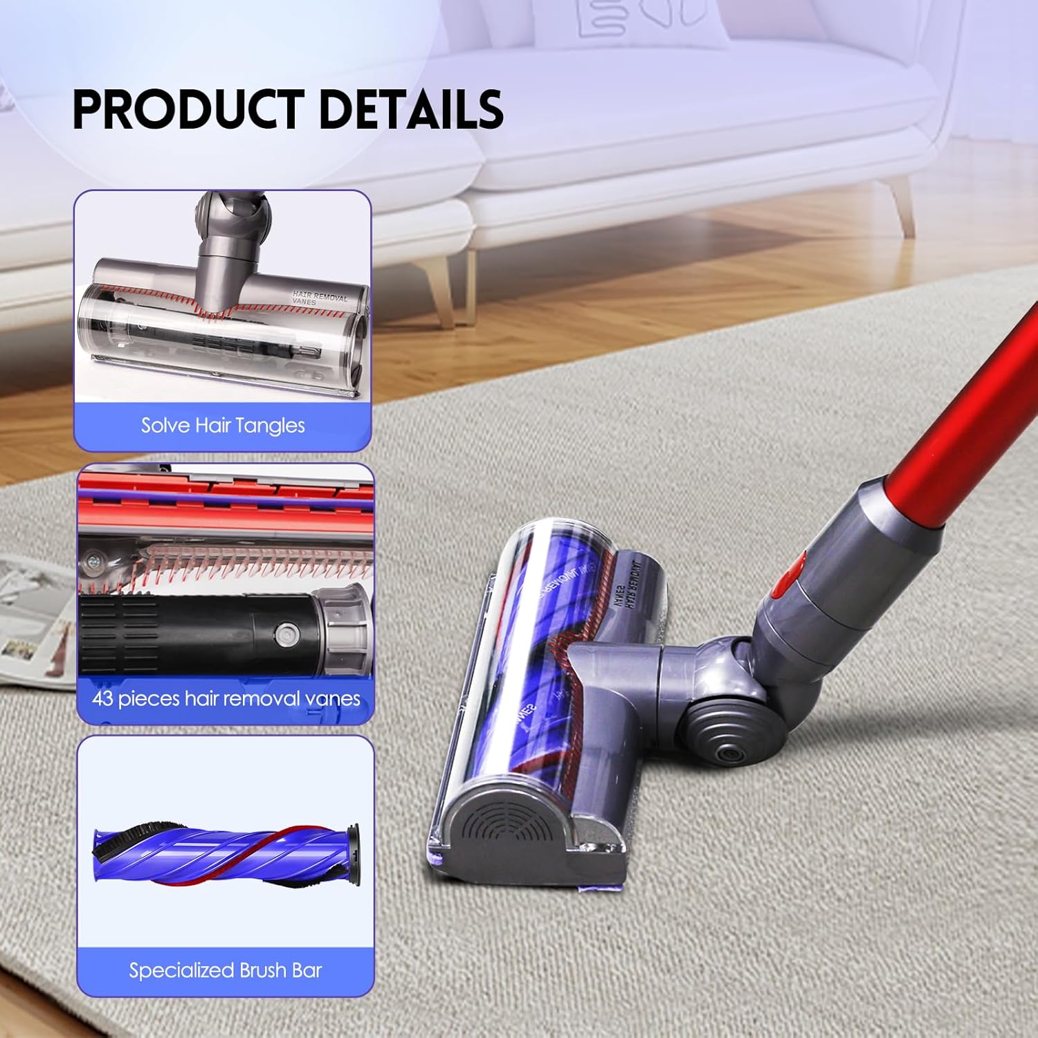 OTTWL Anti-Tangle Vacuum Head - Compatible with Dyson V8, V10, V11, V15 | Ideal for Thin Carpets & Hardwood Floors