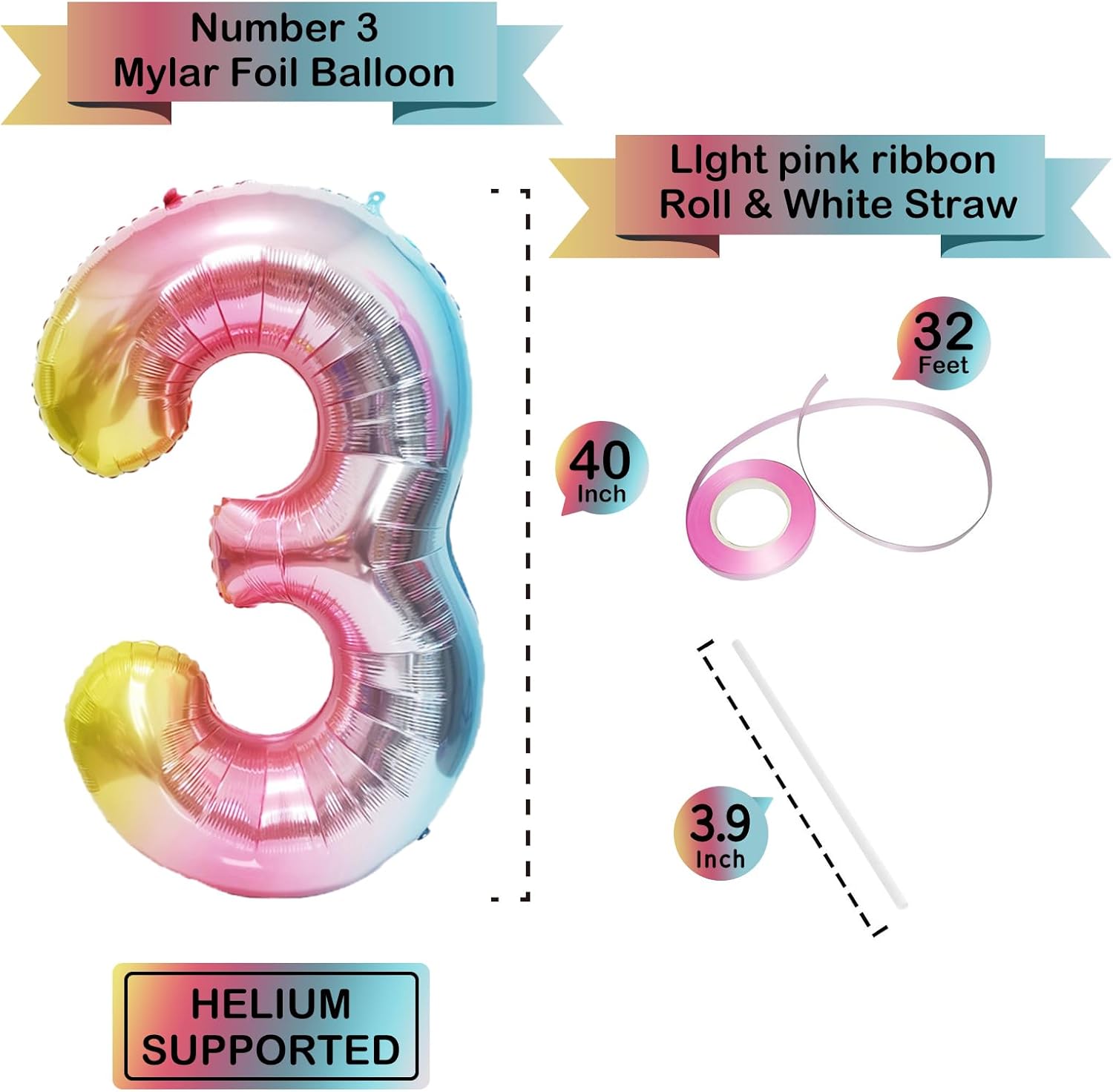 Skiennix 40-Inch Giant Rainbow Number 3 Balloon - Helium Mylar Foil for Birthday & Baby Shower Decor