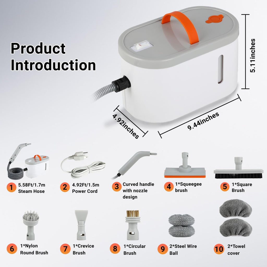 Steam Cleaner for Home - Portable Handheld Steamer for Cleaning With 15s Heat-UP, 0.78 Quarts Tank,9 Accessories - Clean Grease,Automotive wheels and interior trim,Grout, Tile, Floor, Couch, Carpets
