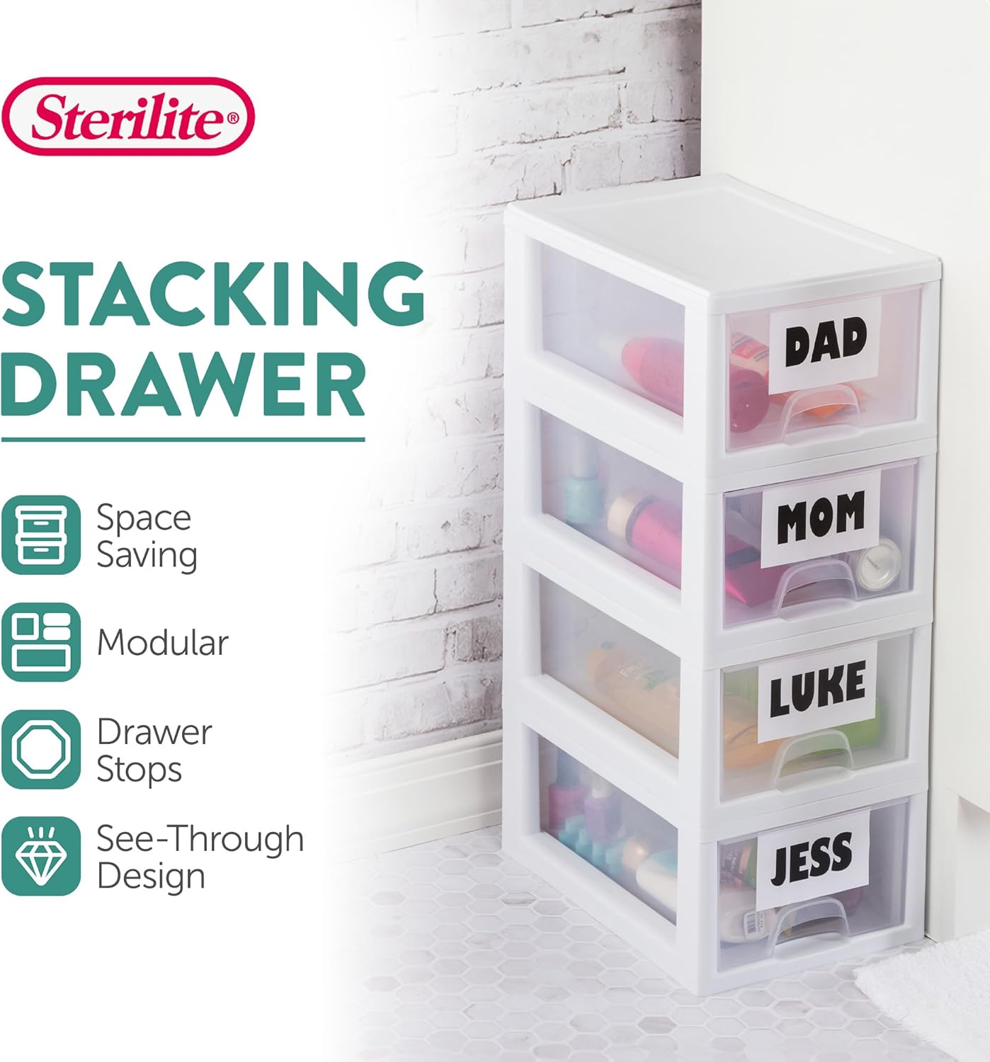 Sterilite 6-Pack Stacking Drawer Set - Clear Storage Organizers with White Frame for Clothes & Accessories