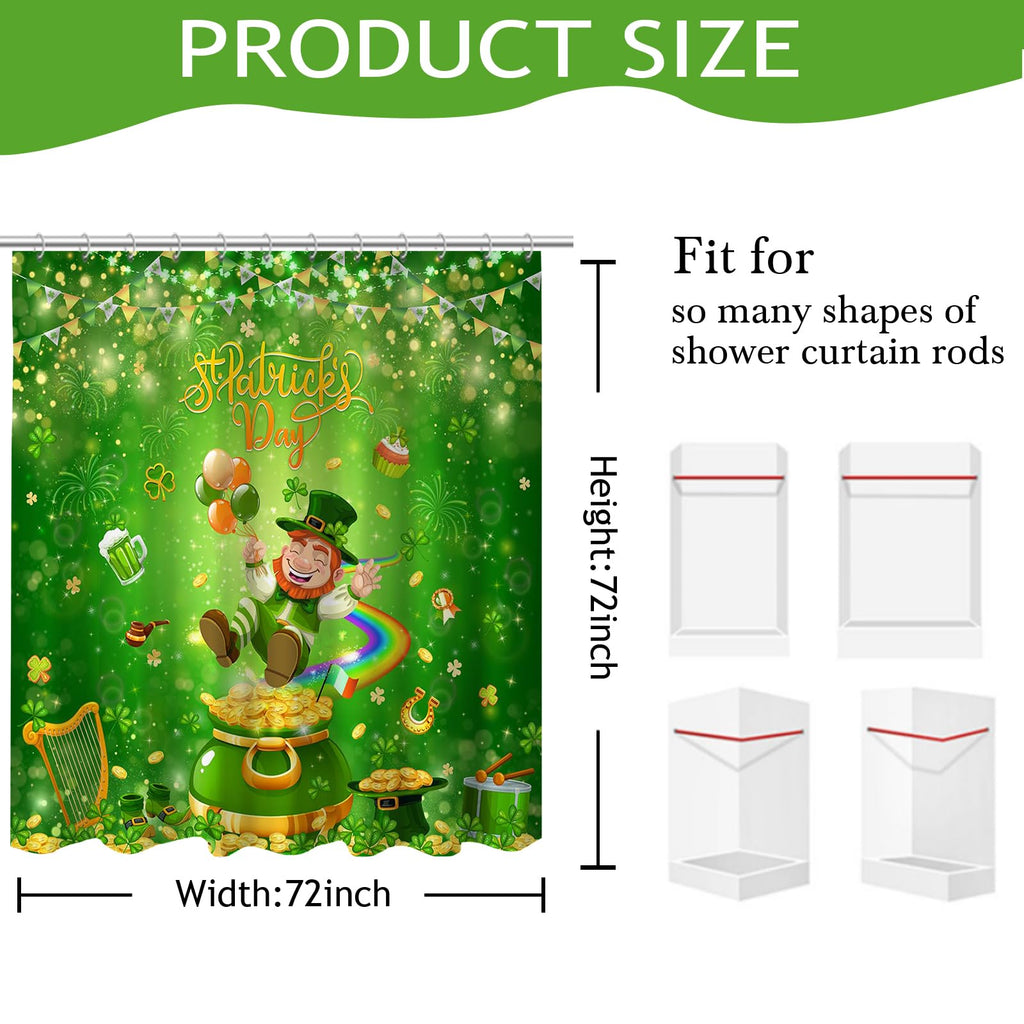 Mocsicka Happy St Patricks Day Shower Curtain for Bathroom, Green Clover Gnomes Bath Curtain Irish Lucky Leaf Spring Shower Curtain with 12 Hooks, 72 X 72 Inch Waterproof (Green, 72''x 72'')