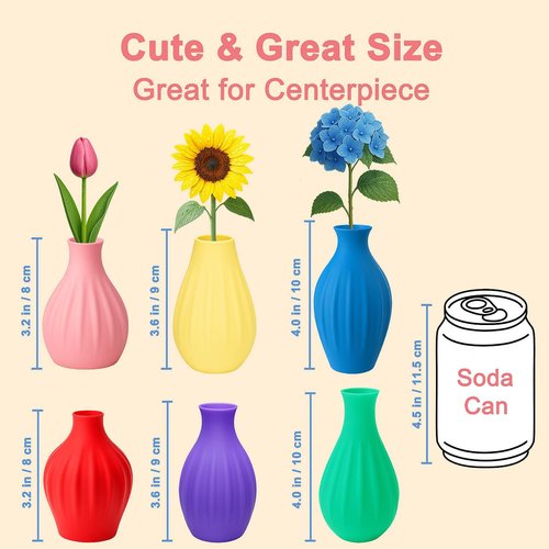 Small Unbreakable Plastic Bud Vases - Set of 6 Colorful Mini Flower Vases (3.2"-3.9") - Weighted & Leak-Proof for Table Centerpieces & Plant Lovers
