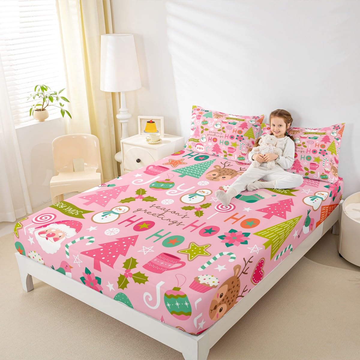 Erosebridal Pink Christmas Fitted Sheet Full, Cartoon Santa Claus Bedding Set for Kids Boys Girls Women Bedroom, Snowman Pine Bed Sheets Christmas Tree Deer Bedding Decor Set Xmas Decor,2 Pillowcases