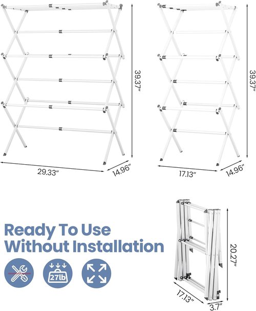 APEXCHASER Clothes Drying Rack - 3-Tier Expandable Metal Laundry Dryer | Collapsible White Towel Rack