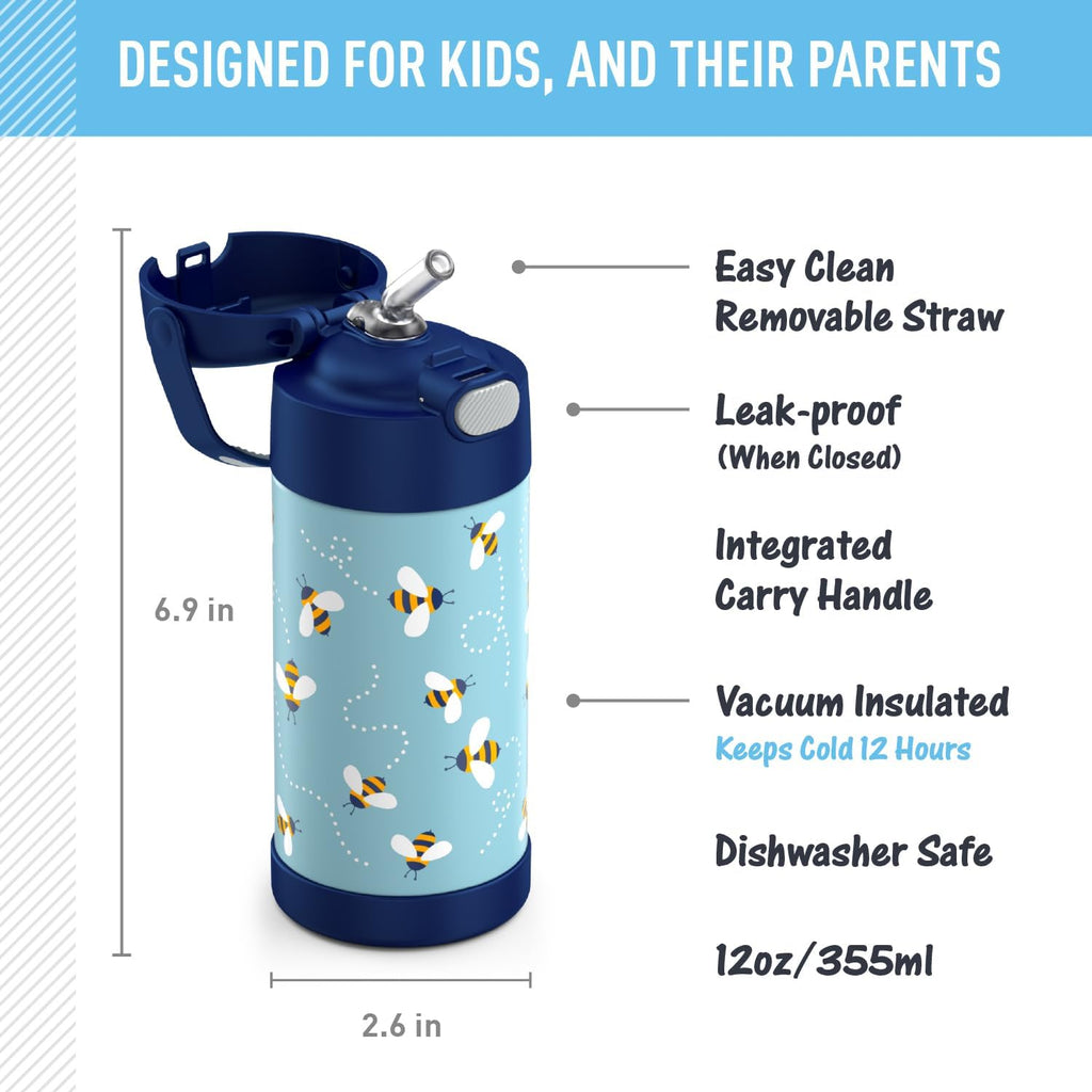 THERMOS FUNTAINER 12 Ounce Kids Straw Bottle - Stainless Steel, Vacuum Insulated, Honey Bees Design