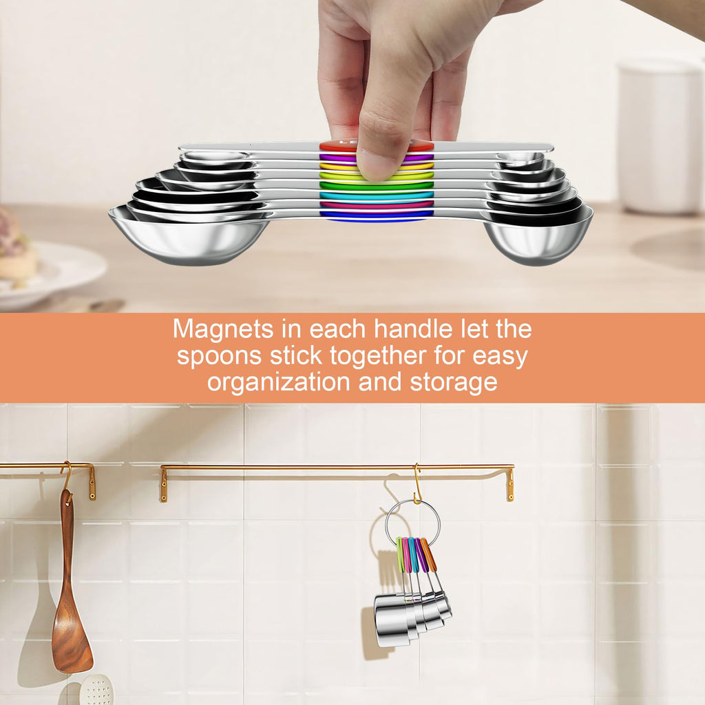 13-Piece Measuring Cups and Magnetic Spoons Set, 5 Stainless Steel Measuring Cups, 7 Double-Sided Magnetic Measuring Spoons & 1 Leveler for Cooking and Baking (5+7+1)