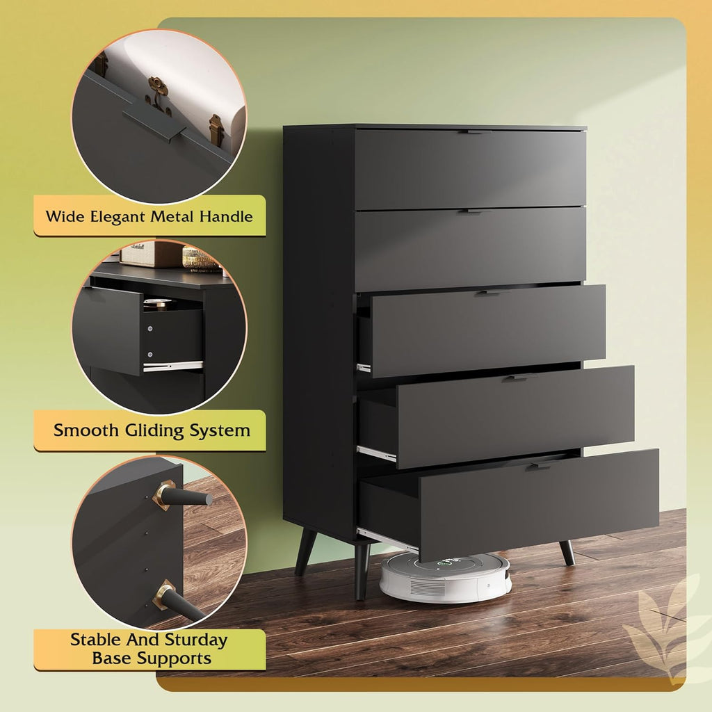 WLIVE 5 Drawer Dresser - Tall Wooden Storage Organizer with Sturdy Metal Handles | Black Finish for Bedroom & Living Room