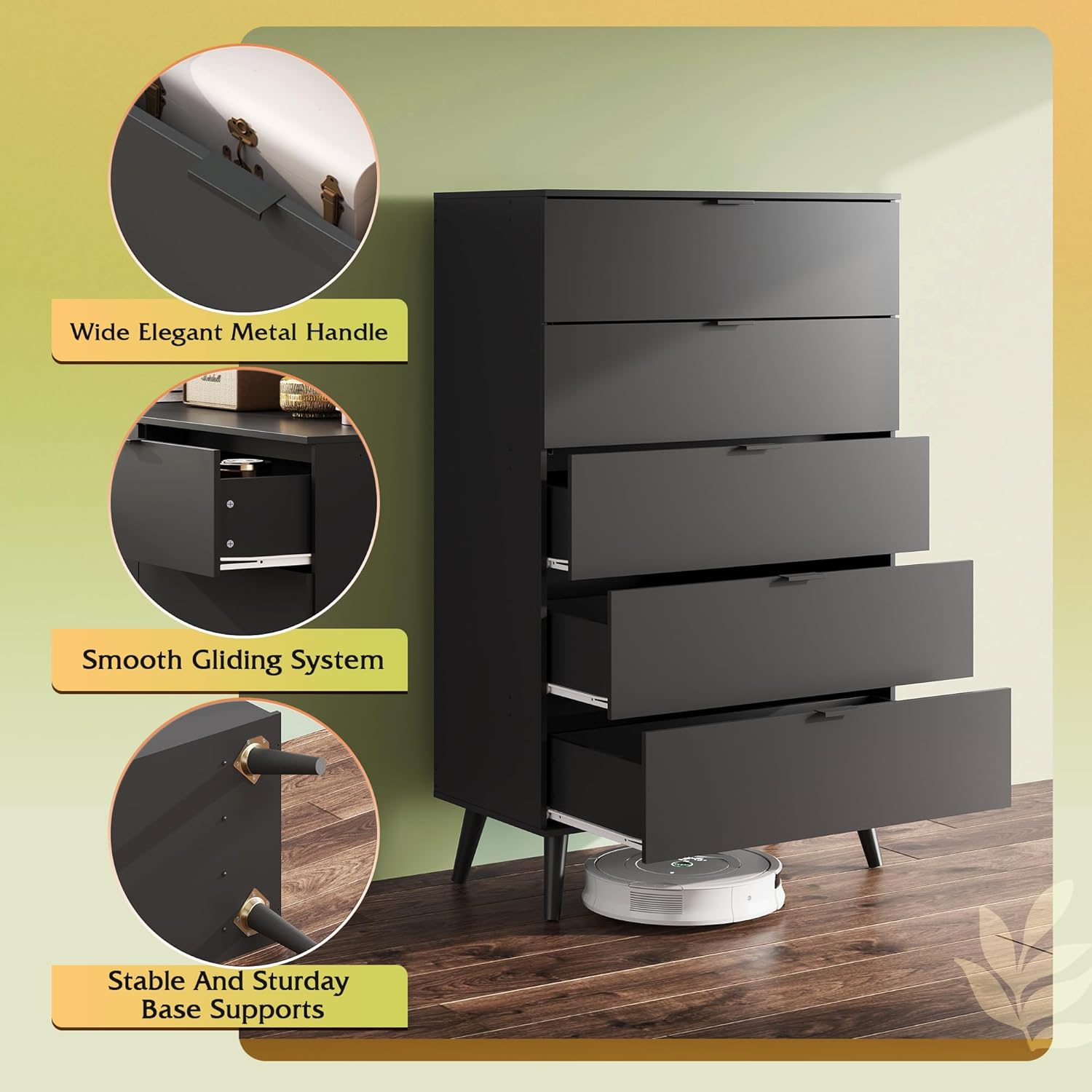 WLIVE 5 Drawer Dresser - Tall Wooden Storage Organizer with Sturdy Metal Handles | Black Finish for Bedroom & Living Room