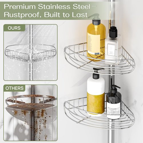 ALLZONE Corner Shower Caddy - Adjustable 4-Tier Rustproof Bathroom Organizer | Tension Mounted, 56-113 Inch Height, Silver