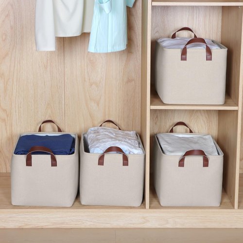 KEEGH Storage Baskets - Fabric Organizing Bins with Leather Handles | 15" L x 11" W x 10" H, Beige, 4 Pack