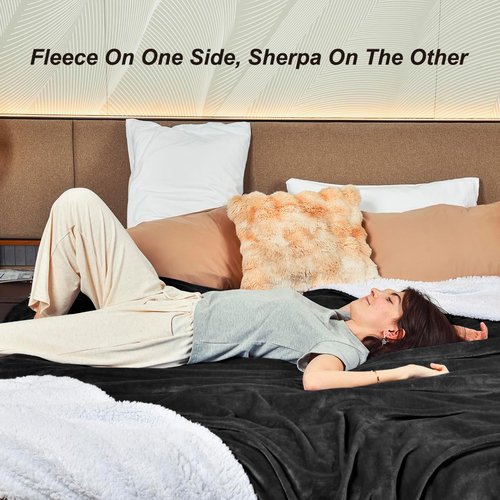 KAWAHOME Sherpa Fleece Blanket - Extra Warm 500GSM Plush Queen Size for Winter | 90" x 90" Dark Grey