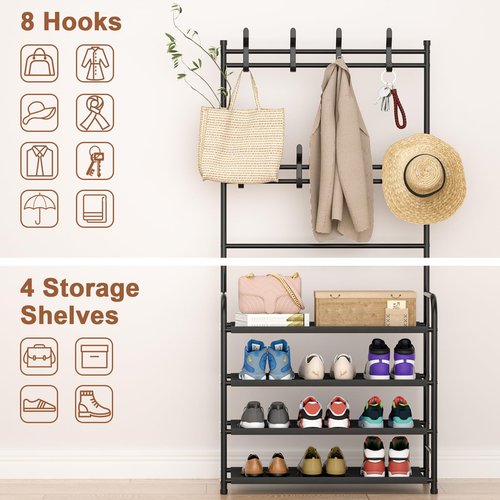 darsun Entryway Coat Rack, Shoe Rack for Entryway, Coat Rack Freestanding with 4-Tier Storage Shelves and 8 Double Hooks, for Living Room, Bathroom, Hallway, 60CM/21.6 IN