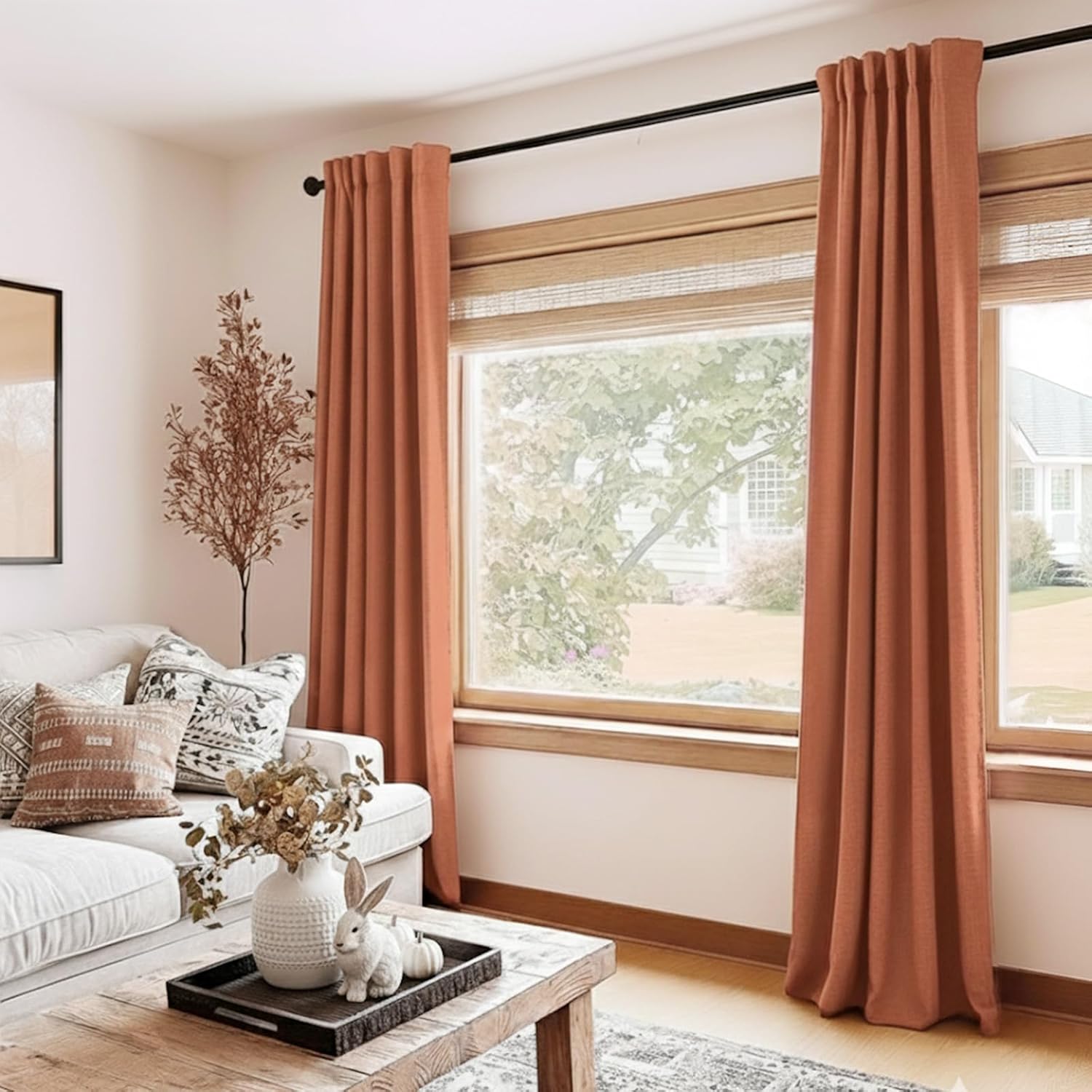 Skiennix 100% Blackout Linen Curtains - Thermal Insulated Drapes, 50" W x 108" L, Burnt Orange | 2 Panels Set
