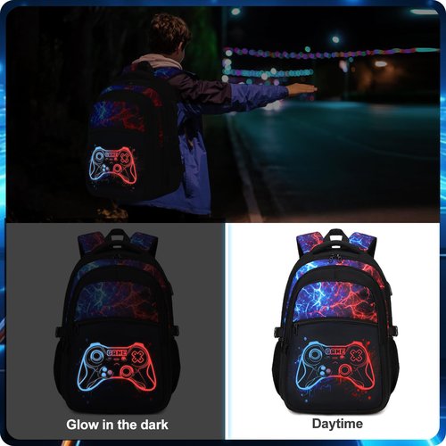DIGOBAY Boys Backpack for School, 3PCS Cool Luminous Gamer Backpack for Boys with Lunch Box Pencil Case, Kids Backpacks Bookbag for Teen Boy Elementary Middle High School with USB Charging Port