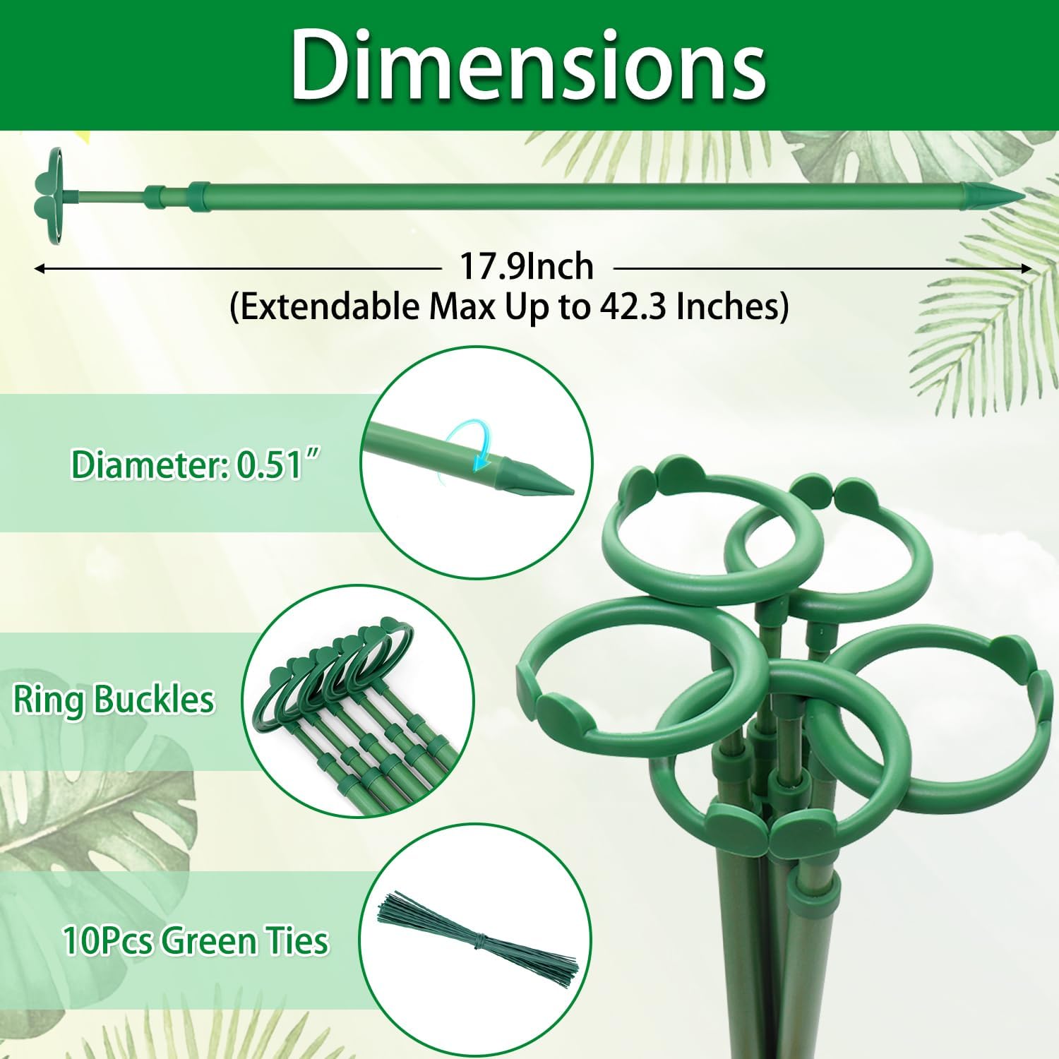 Skiennix Extendable Plant Stakes - Scalable Support from 17.9" to 42.3" | 5-Pack for Indoor/Outdoor Use