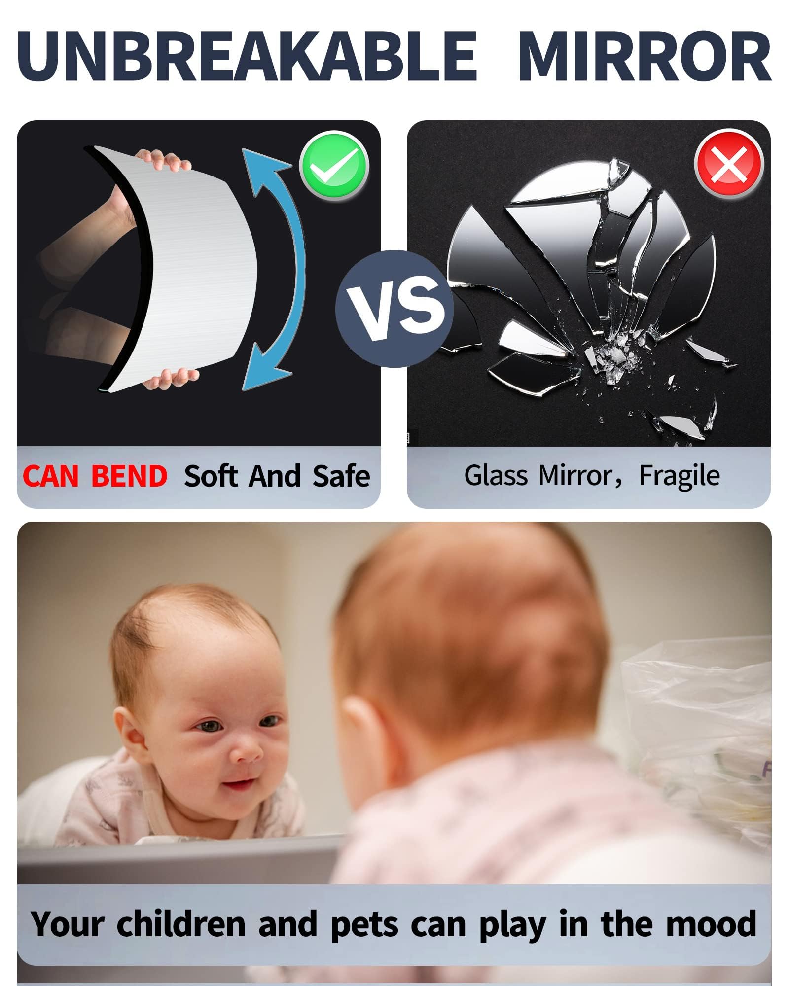 quegau Full Length Safety Shatterproof Mirror for Kids - Plastic Wall Mirror Made of Acrylic Plexiglass, 4 Pcs 14" x14" - Long Bedroom Door Closet Mirror for Home Gym Body Workout