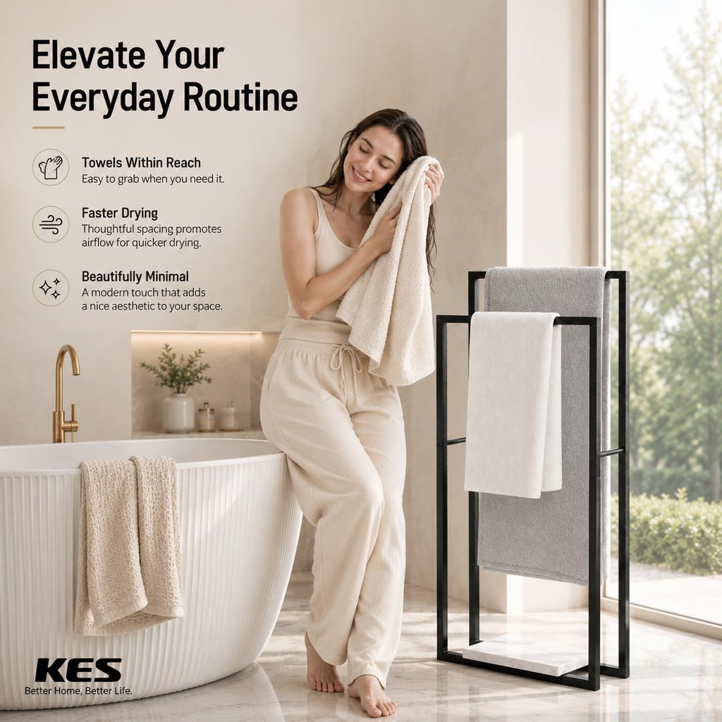 KES Standing Towel Racks for Bathroom with Heavy Marble Base, 38" H Towel Rack Stand for Bathroom 2-Tier, Blanket Rack for Bathroom Floor, Matte Black, BTH501-BK