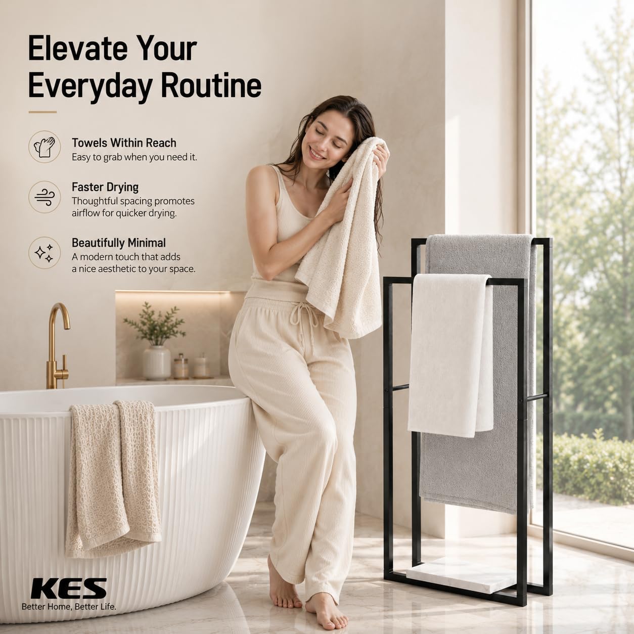 KES Standing Towel Racks for Bathroom with Heavy Marble Base, 38" H Towel Rack Stand for Bathroom 2-Tier, Blanket Rack for Bathroom Floor, Matte Black, BTH501-BK