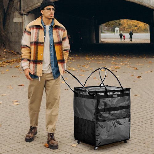 Reusable Grocery Bag On Wheels Large Capacity Shopping Trolley Foldable Rolling Tote with Outside Pocket, Heavy Duty Handle (Black, Large)