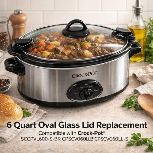 6QT Oval Glass Lid Replacement For CrockPot Slow Cooker Models SCCPVL600-S-BR CPSCV060LLBP CPSCVC60LL-S