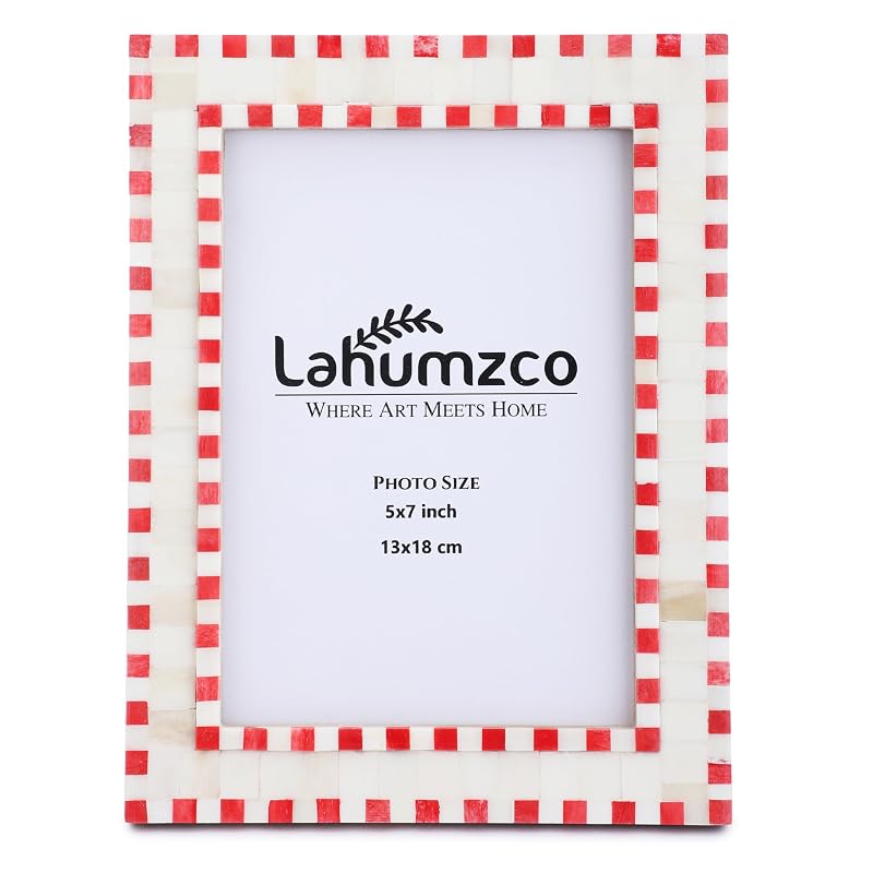 Bone-Inlay 5x7 Photo Frame with Red Checkered Pattern - Tabletop/Wall Decor, Handmade