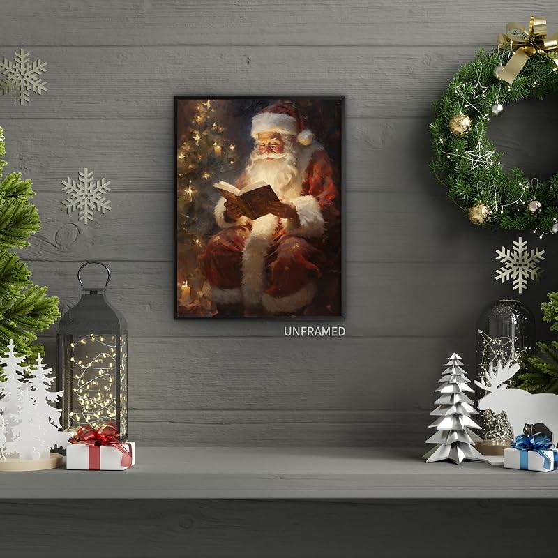 Vintage Santa Reading Canvas Wall Art – 12x16in, Unframed, Claus Variation