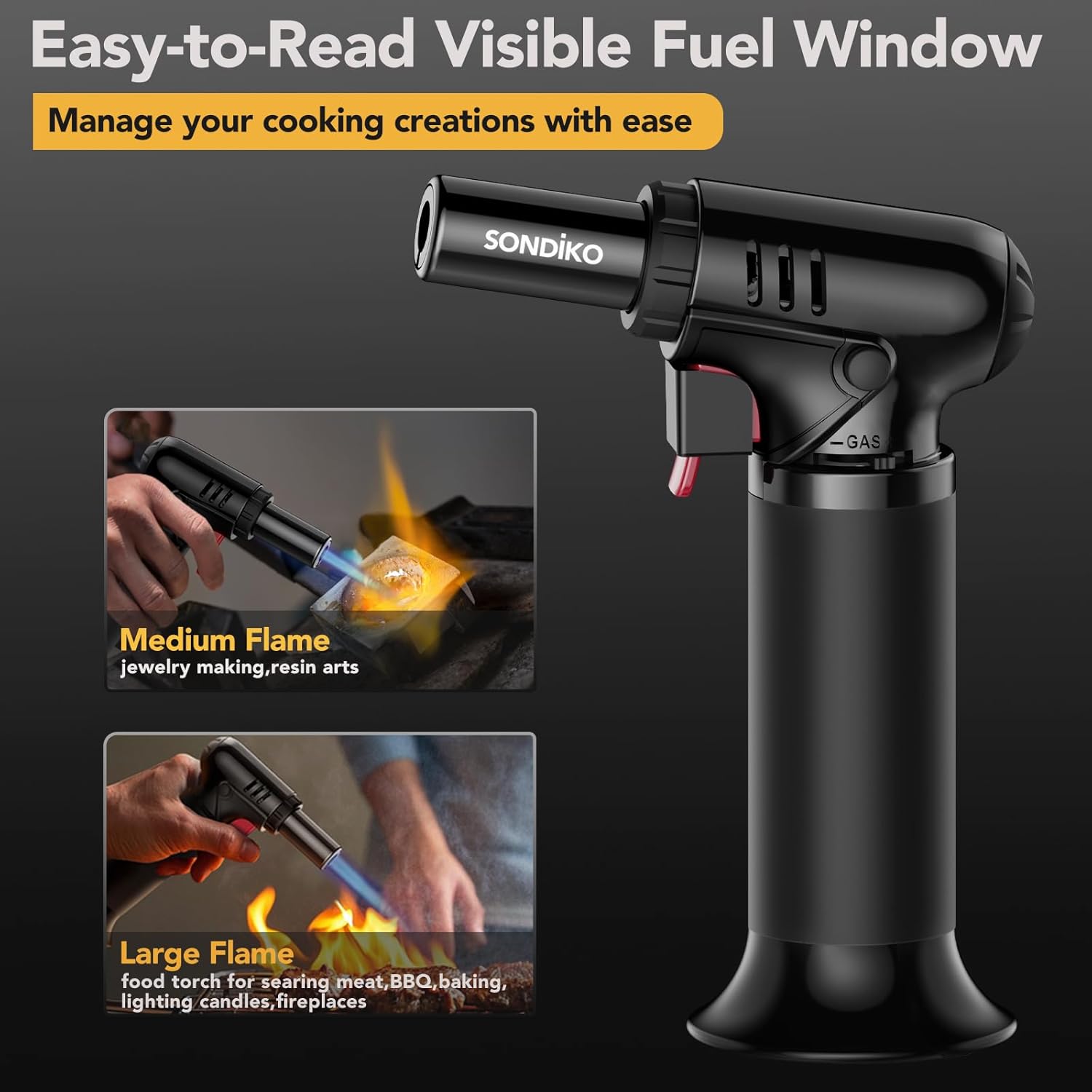 Sondiko Butane Torch Lighter - Refillable Soldering Torch with Adjustable Flame & Visible Fuel Window