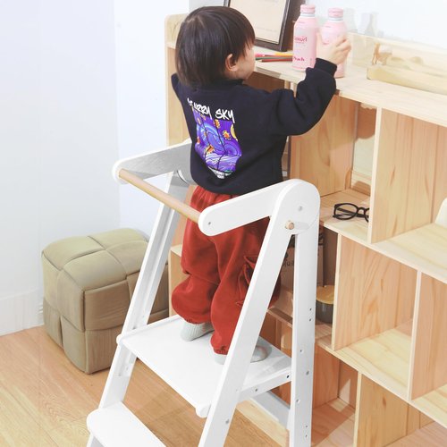 TDKDHoming Foldable Toddler Tower Preassembled Kitchen Stool, Folding Tower for Learning with 3 Adjustable Heights Montessori Toddler Standing Tower Collapsible Step Stool for Kids 1.5-6y，White