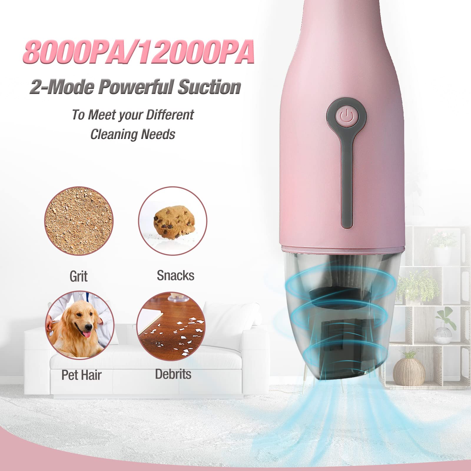 HAUSHOF Handheld Vacuum, Cordless Car Vacuum Cleaner 8000PA/12000PA 2 Modes with Cleaning Brush, Rechargeable Portable Mini Vacuum for Car, Home and Pet(Pink)