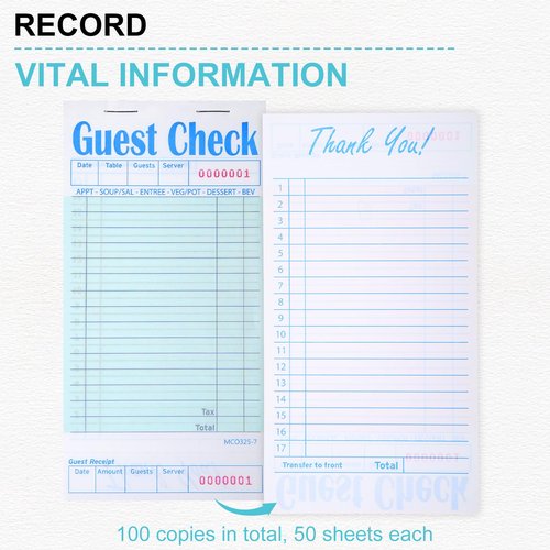 100 Pack Guest Check Book for Servers Bulk, Waitress Checkbook Paper Server Note Pads Accessories Waiter Food Receipt Book for Restaurants, Bar, 50 Sheets Per Pad, Total 5000 Sheets (Green)