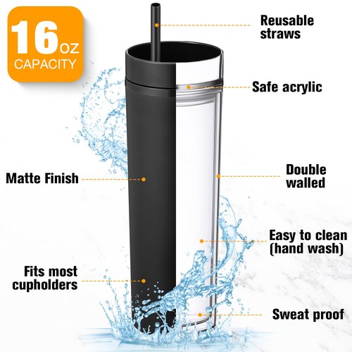Potchen 30 Pcs Skinny Tumbler with Lid and Straw, 16 oz Matte Acrylic Tumbler Insulated Double Wall Plastic Reusable Cups Vinyl Customized DIY Gifts for Parties, Birthday, Home, Office(Black)