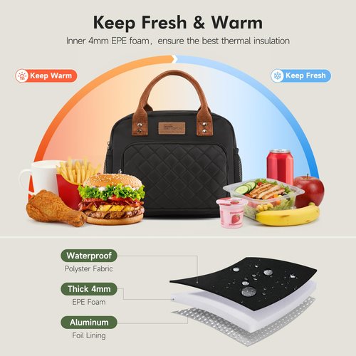 Buringer HOMESPON Lunch Bag for Woman Man Adults with Front Pocket Insulated Lunch Tote Lunch Box Container for Work Picnic or Travel (Black with Side Pockets)
