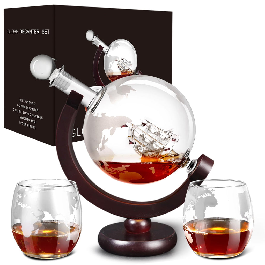 Whiskey Decanter Set,Gift for Men Dad Christmas, Decanter Globe Set with 2 Glasses for Liquor Bourbon Cocktails Vodka Scotch, Decanter Sets for Men Cool Stuff Whiskey Gift - 850ml