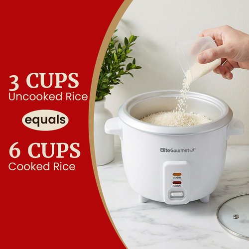 Elite Gourmet ERC-003X Electric Rice Cooker with Automatic Keep Warm Makes Soups, Stews, Grains, Hot Cereals, 6 Cups Cooked (3 Cups Uncooked), White