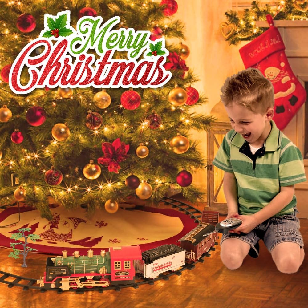 Mini Tudou Electric Christmas Train Set - Remote Control Steam Locomotive with Sound & Light | Rechargeable Battery, Ideal for Kids 3+
