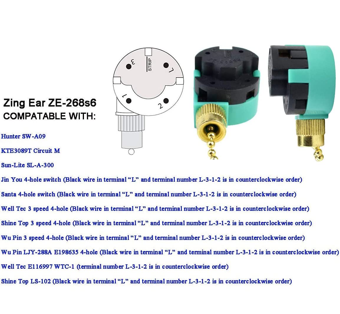 Akahttbn Ceiling Fan Switch Zing Ear ZE-268S6, 3 Speed 4 Wire Speed Control Pull Chain Cord Appliances Switch Replacement Parts Compatible with Hunter Ceiling Fans Wall Lamps (Bronze)