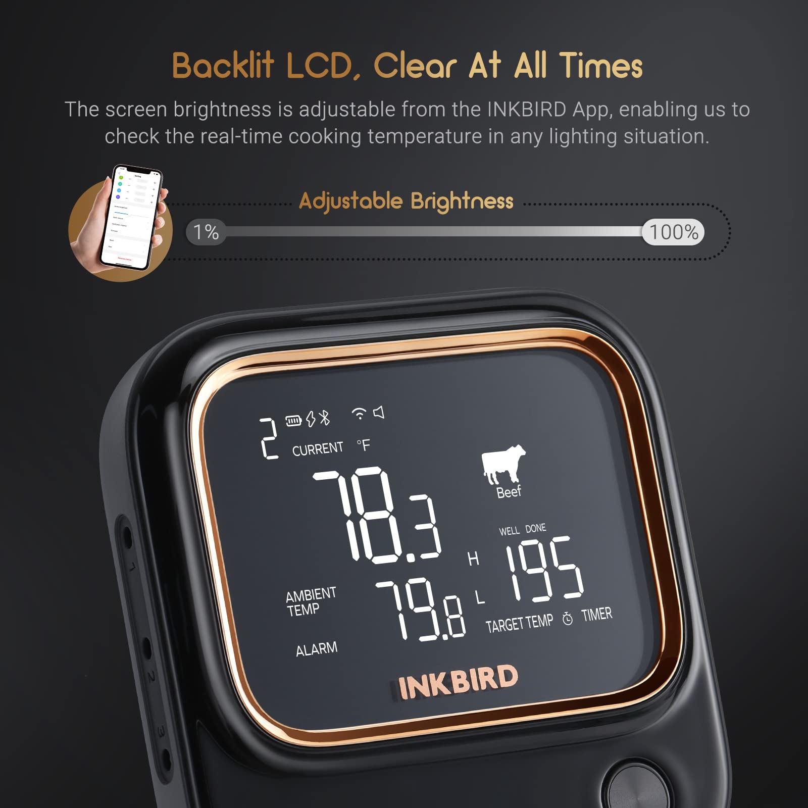 INKBIRD IBT-26S Bluetooth Wi-Fi BBQ Thermometer, with 4 Food-Grade Probes, APP Control, USDA Meat Presets, Temperature Alarm and Timer, Backlit LCD with Adjustable Brightness