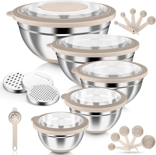 HaWare 24-Piece Stainless Steel Mixing Bowls Set - Airtight Lids & Graters | Kitchen Prep & Storage, Khaki