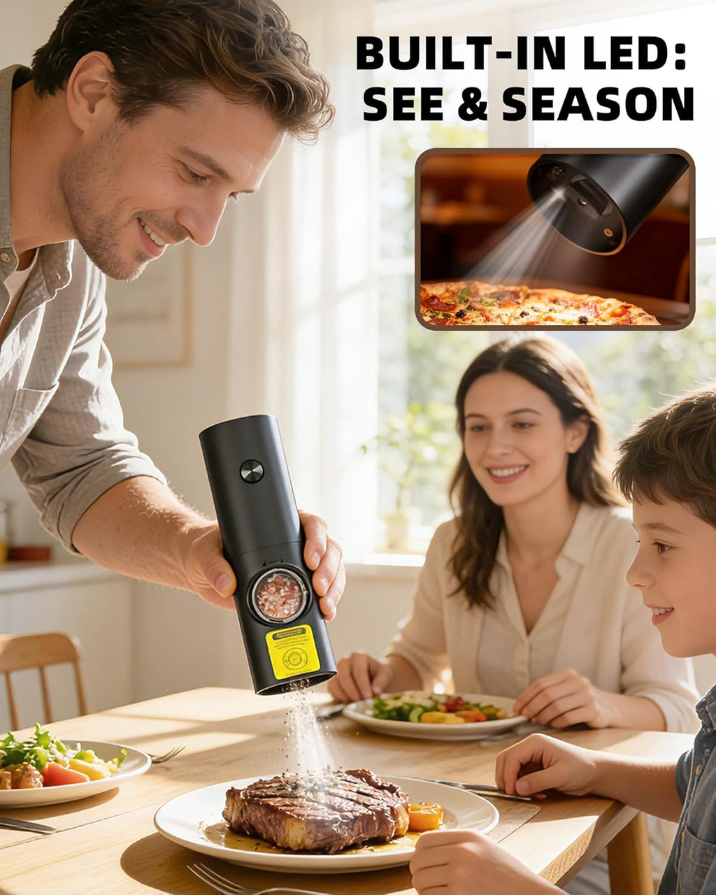 Skiennix Electric Salt and Pepper Grinder Set - Automatic Battery Mill with Adjustable Coarseness & LED | 2 Pack for Home Cooking & Gifts