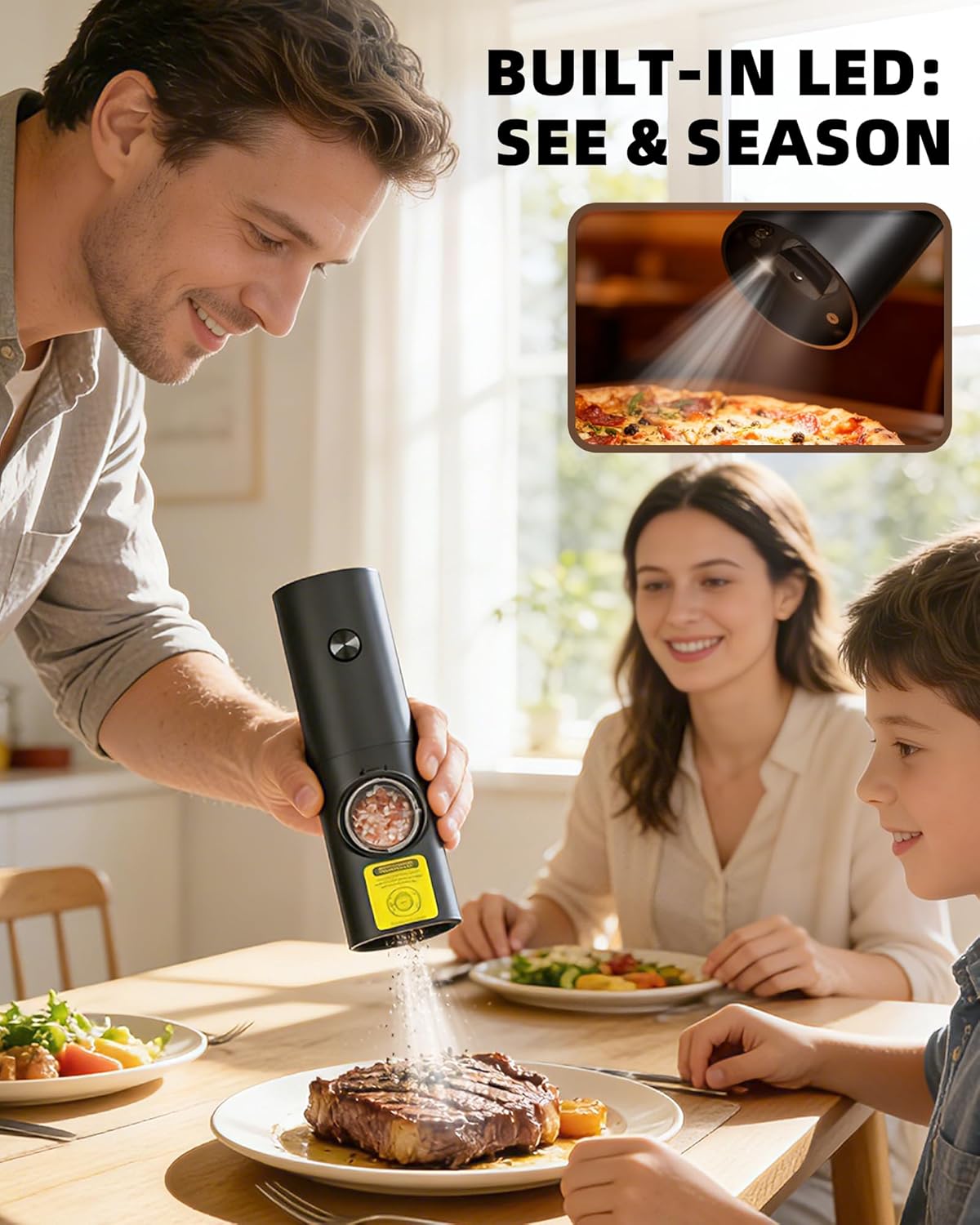 Skiennix Electric Salt and Pepper Grinder Set - Automatic Battery Mill with Adjustable Coarseness & LED | 2 Pack for Home Cooking & Gifts