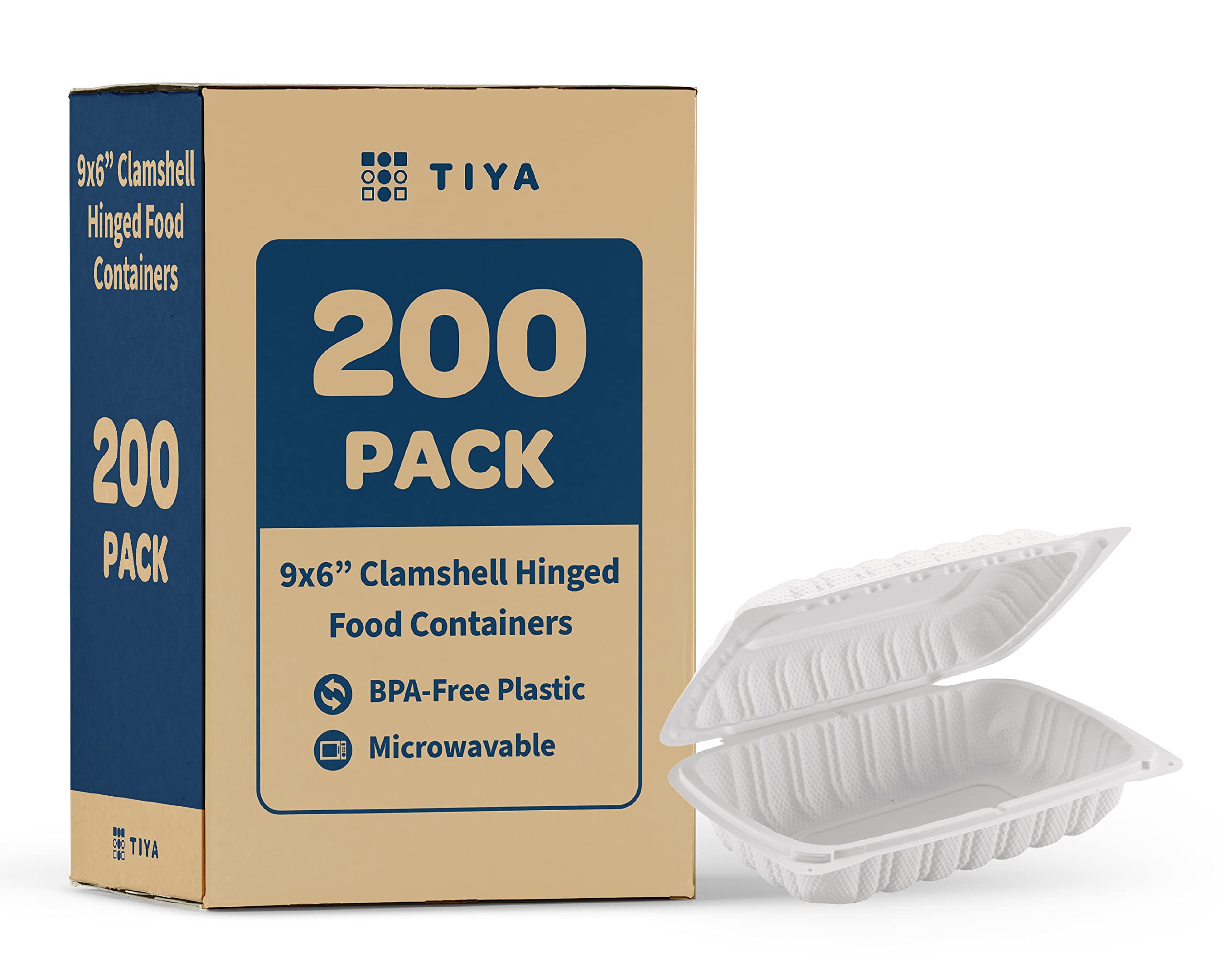TIYA Clamshell Food Containers - White Bulk 200 Pack, 9x6 in - BPA-Free Plastic To-Go Containers - Microwavable, Hinged, Tall Clamshells Reusable Packing- Great for Meal Prep