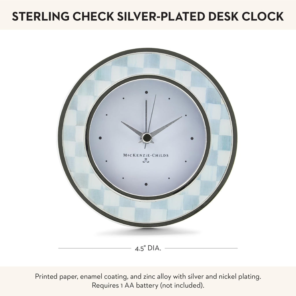MACKENZIE-CHILDS Silver-Plated Round Desk Clock, Decorative Clock for Living Room, Kitchen, or Office, Gray-and-White Sterling Check