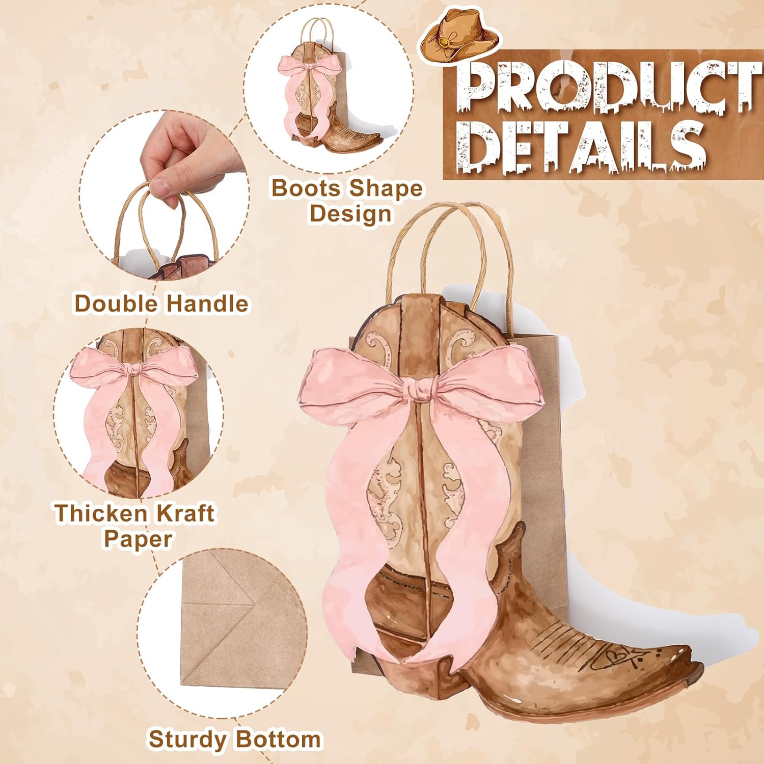 Sinload Western Gift Bags - Cowgirl Cowboy Boots Design with Pink Bow Handles | Perfect for Birthday Party Favors (Brown Style)