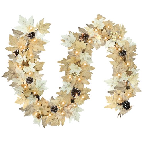 6 FT Realistic Fall Garland with Lights Timer Function Fall Leaves Maple Garland with Berries Pine Cones Autumn Automatic Fall Decorations for Home Mantle Fireplace Porch Table Decor