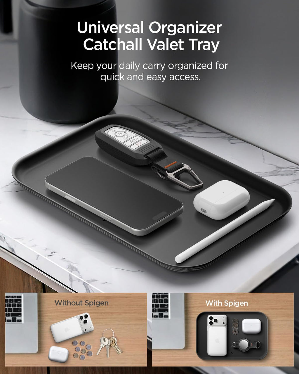 Spigen Modern Valet Tray Premium PU Storage Stylish Organizer Designed for Entryway Bedside Nightstand Desk for Key, Wallet, Watch, Phone, Jewelry, and Everyday Carry Accessories - Black (Catchall)