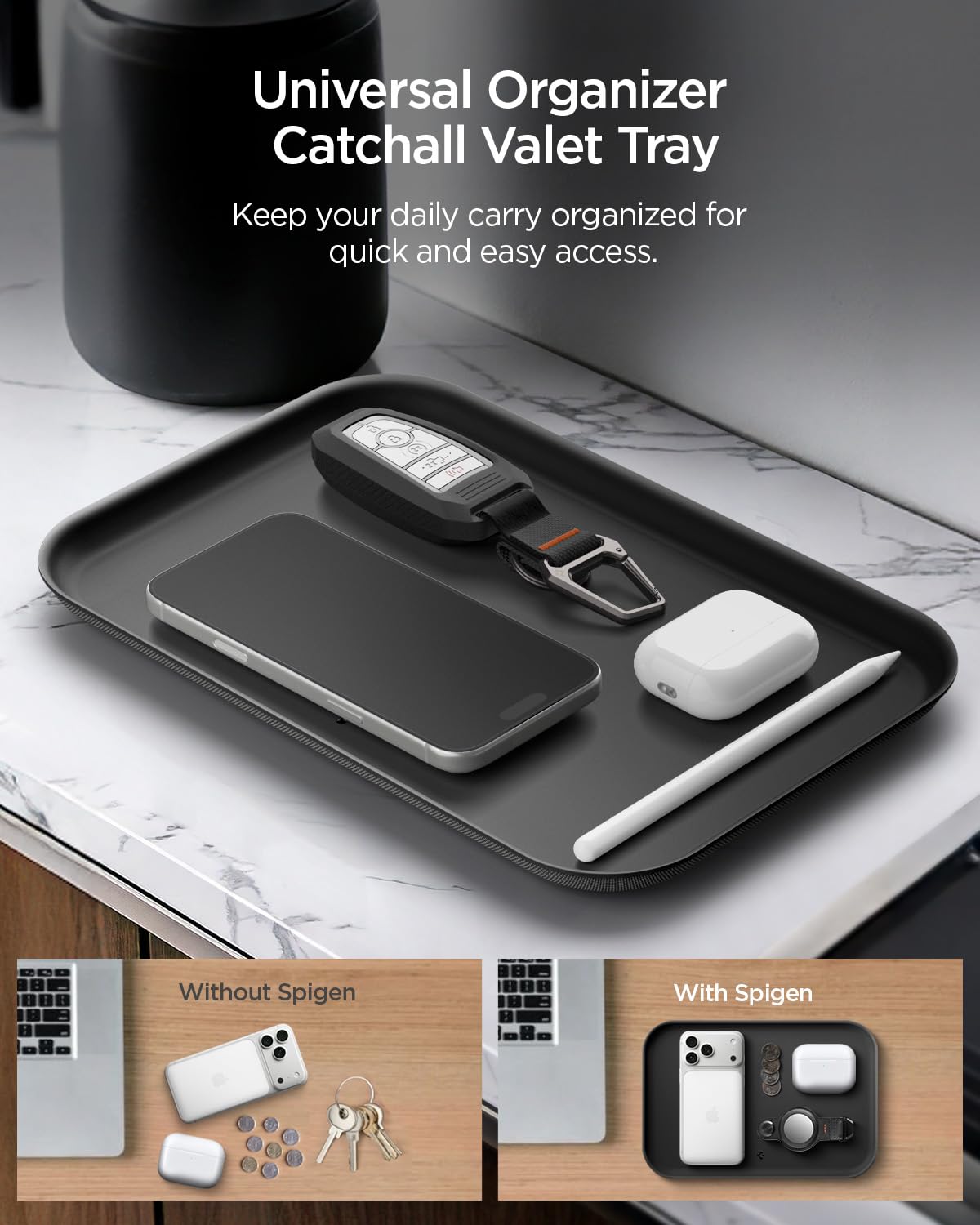 Spigen Modern Valet Tray Premium PU Storage Stylish Organizer Designed for Entryway Bedside Nightstand Desk for Key, Wallet, Watch, Phone, Jewelry, and Everyday Carry Accessories - Black (Catchall)